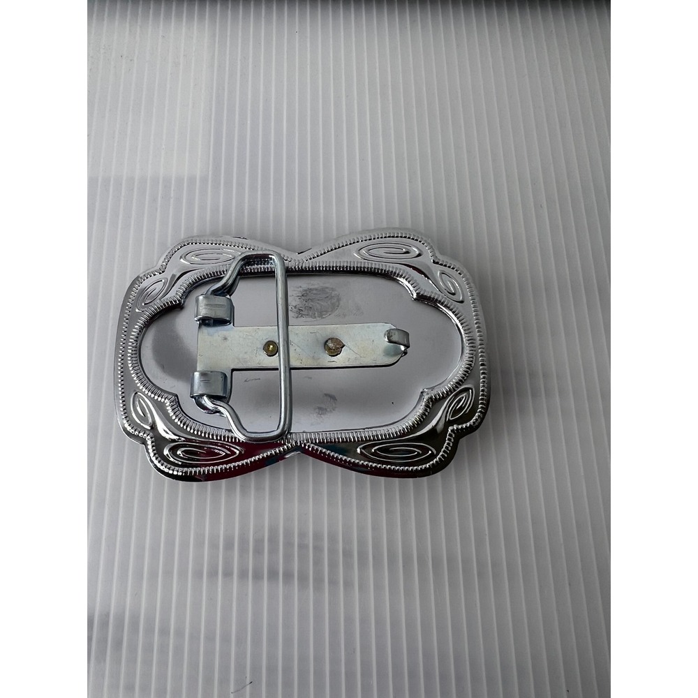 Western Horse Head Horseshoe Belt Buckle Silver Brass Tone Ornate Scalloped Edge - Picture 3 of 6
